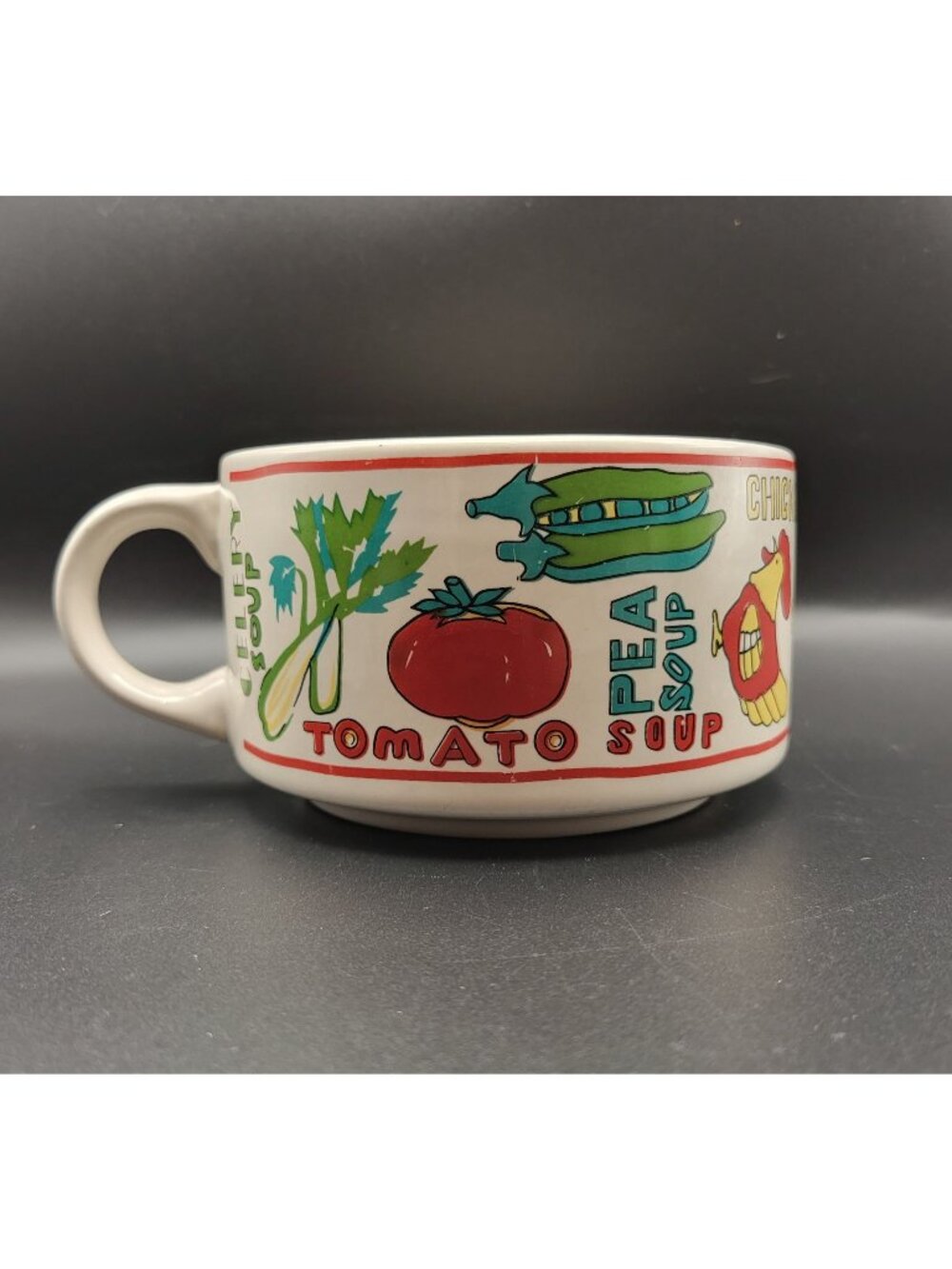 Vintage Ceramic Soup Mug with Handle 1970s Soup Vegetable Words Pictures Collect